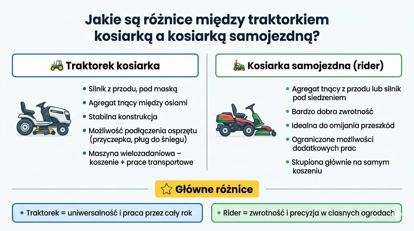 Jakie są różnice między traktorkiem kosiarką a kosiarką samojezdną?