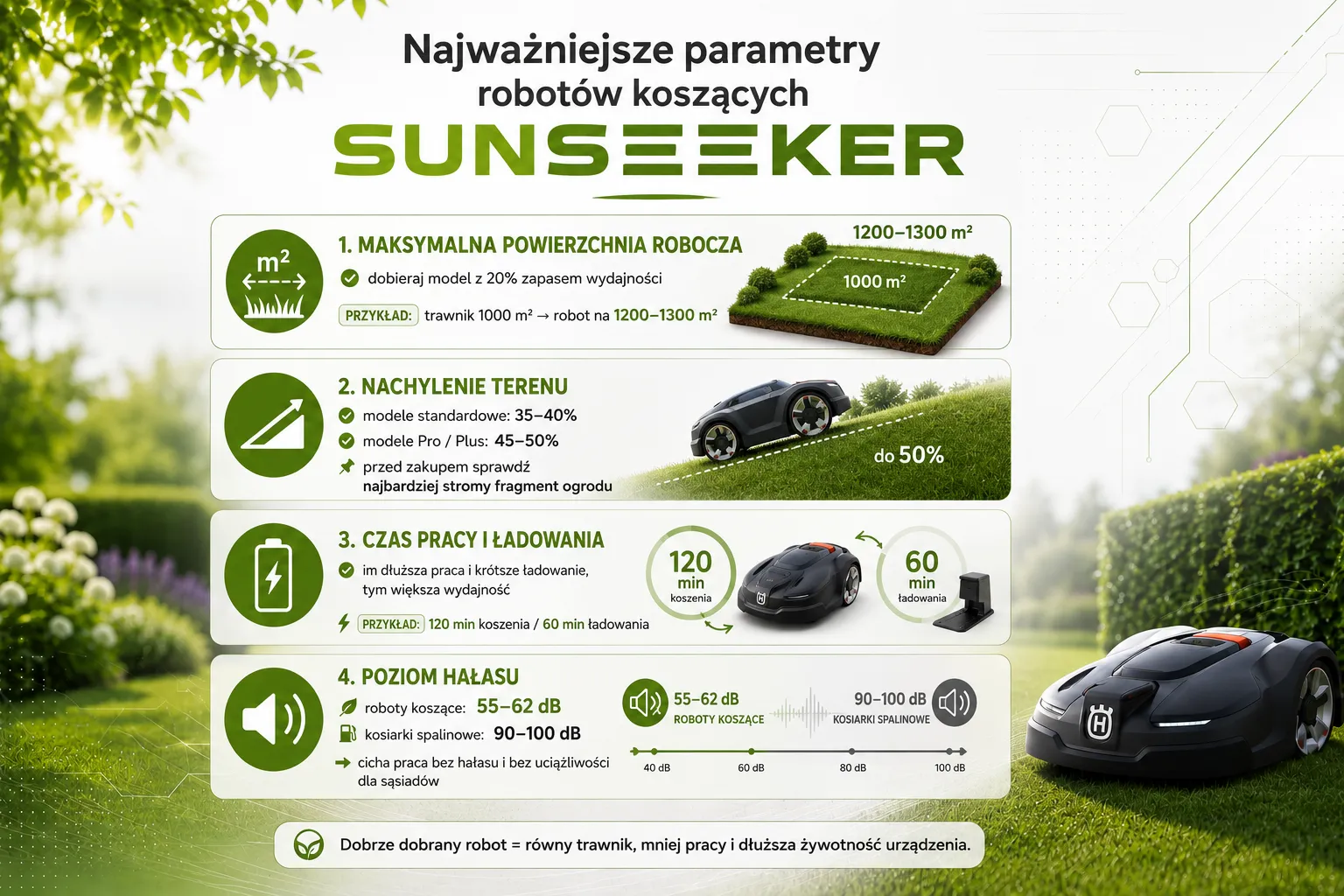 Najważniejsze parametry robotów koszących SUNSEEKER