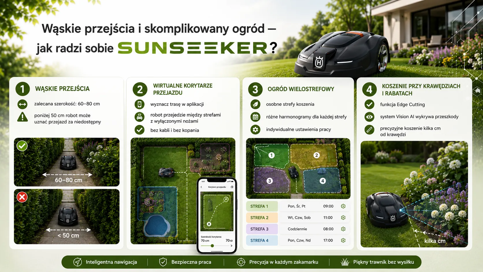 Wąskie przejścia i skomplikowany układ ogrodu - jak radzi sobie Sunseeker?