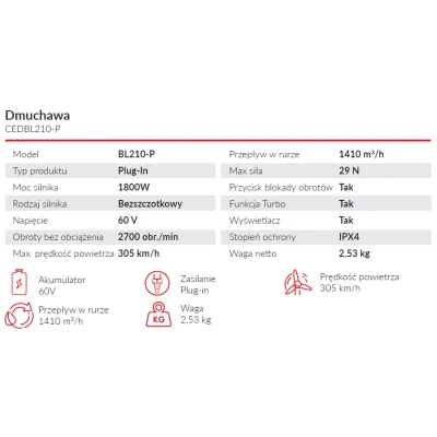 Cedrus BL210-P Dmuchawa akumulatorowa Cedrus 60V BL210-P, bez aku i ładowarki CEDBL210-P