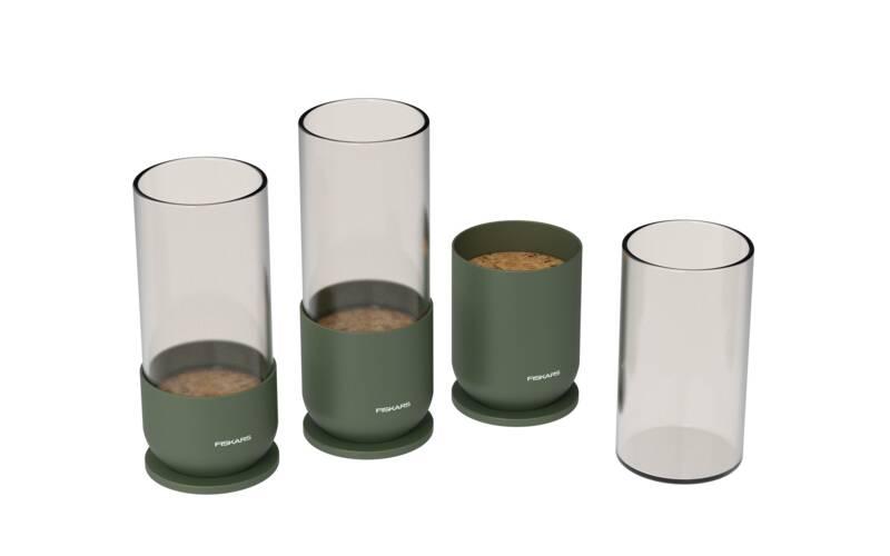 Fiskars Plant Care 1080910 zestaw do propagacji roślin 3 szklane pojemniki z metalową podstawą