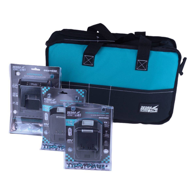 DEDRA SAS+ALL DED7030G03 STARTER KIT: 2X 4AH DED7034 BATTERY, DEDRA SAS DED7038 BATTERY CHARGER, DED7001A TOOL BAG