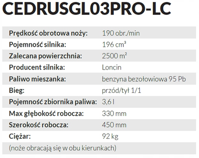 Cedrus GL03 PRO LC Glebogryzarka Spalinowa Przeciwbieżna Kultywator Loncin 6,5 KM