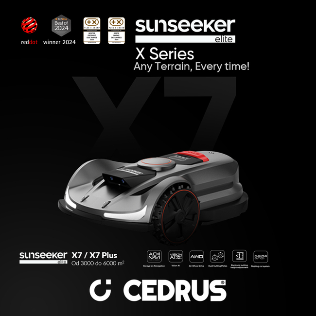 SUNSEEKER X7 PLUS ELITE RTK Robot Koszący Kosiarka Automatyczna Do Trawy CEDRUS C-MOW X7 PLUS 6000m2 Bez Kablowy / Bez Przewodowy - OFICJALNY DYSTRYBUTOR - AUTORYZOWANY DEALER CEDRUS