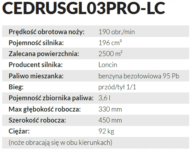 CEDRUS GL03 PRO-LC GLEBOGRYZARKA SPALINOWA Z NAPĘDEM OGRODOWA PRZECIWBIEŻNA KULTYWATOR 6.5KM / 45cm LONCIN G200F GL03 - EWIMAX - OFICJALNY DYSTRYBUTOR - AUTORYZOWANY DEALER CEDRUS