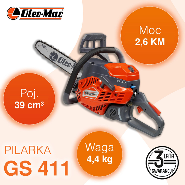 OLEO-MAC GS 411-325 PIŁA PILARKA PRZECINARKA SPALINOWA ŁANCUCHOWA DO DREWNA 2.9 KM KLASA PREMIUM 50179251E2 EWIMAX-OFICJALNY DYSTRYBUTOR - AUTORYZOWANY DEALER OLEO-MAC