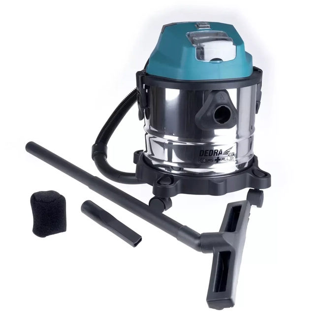 ODKURZACZ AKUMULATOROWY BEZSZCZOTKOWY DEDRA SAS+ALL DED7175 18V, 16KPA, ZBIORNIK STAL NIERDZEWNA 15L, 32MM ŚREDNICA RURY, DO PRACY NA SUCHO I MOKRO