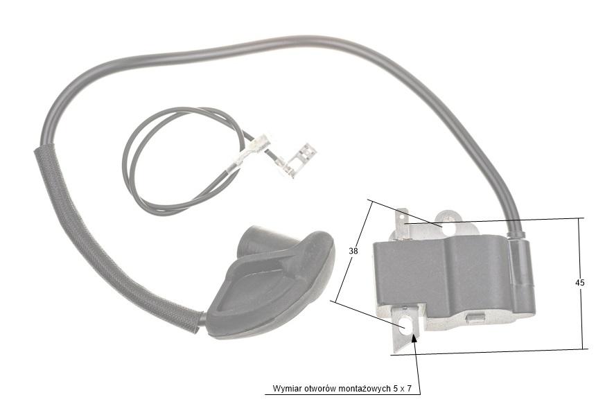 Moduł zapłonowy Stihl 490039 – z zaznaczonymi wymiarami korpusu i otworów
