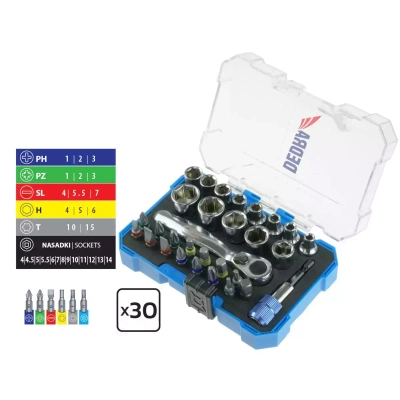DEDRA 18A11S030 Zestaw bitów, końcówek wkrętakowych i nasadek HEX 1/4 S2 30 szt.