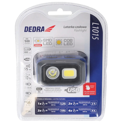 Headlamp flashlight 500lm, motion sensor, battery 1000mAh/3xAAA