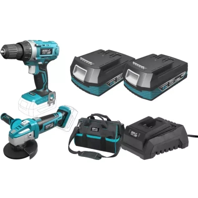 18V CORDLESS SET, DEDRA SAS+ALL DED7013 DRILL/DRIVER, 125MM ANGLE GRINDER, 2X 2.0AH BATTERIES, CHARGER, 16" BAG