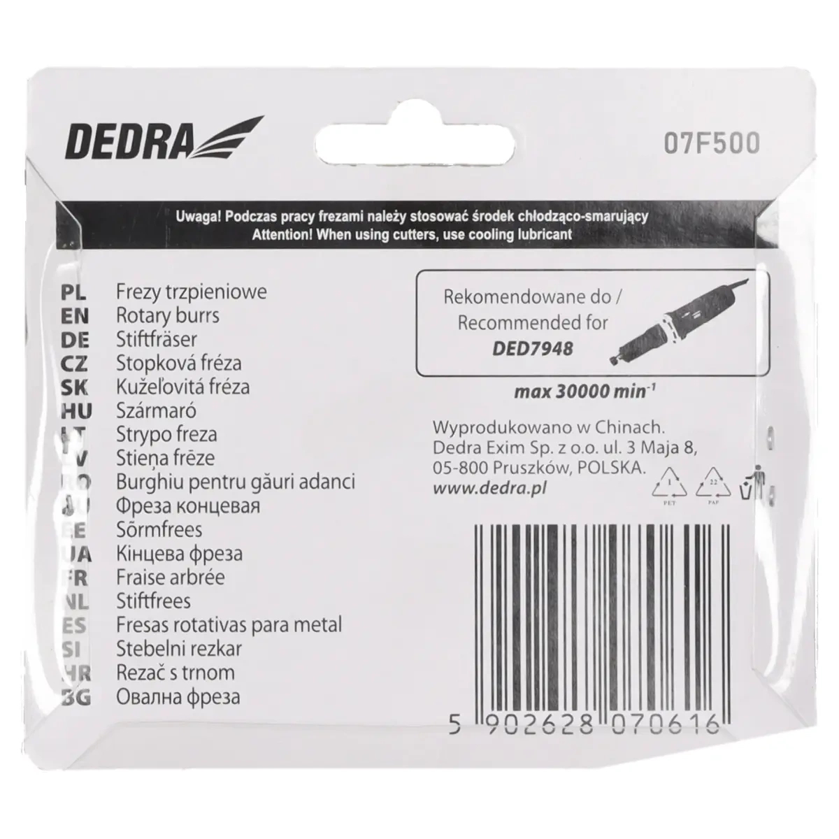 Tył opakowania frezów trzpieniowych do metalu HSS z danymi technicznymi