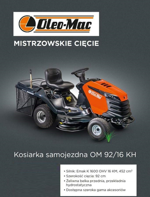 OLEO MAC TRAKTOREK OGRODOWY OM 92/16KH KOSIARKA SAMOJEZDNA SPALINOWA DO TRAWY HYDROSTATIC 68129082 - OFICJALNY DYSTRYBUTOR - AUTORYZOWANY DEALER OLEO-MAC