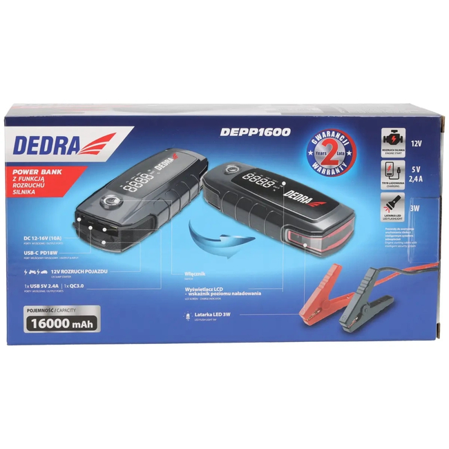 Powerbanka s funkcí startování motoru 16000mAh, LCD displej