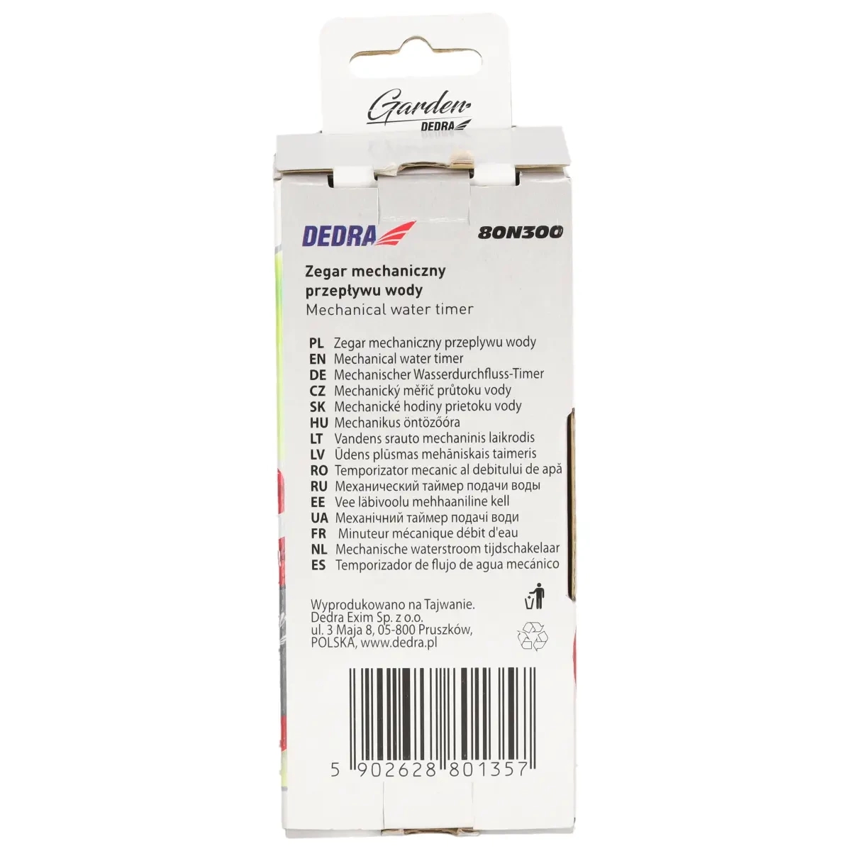 DEDRA 80N300 Garden—information on the packaging; EAN 5902628801357; mechanical water controller
