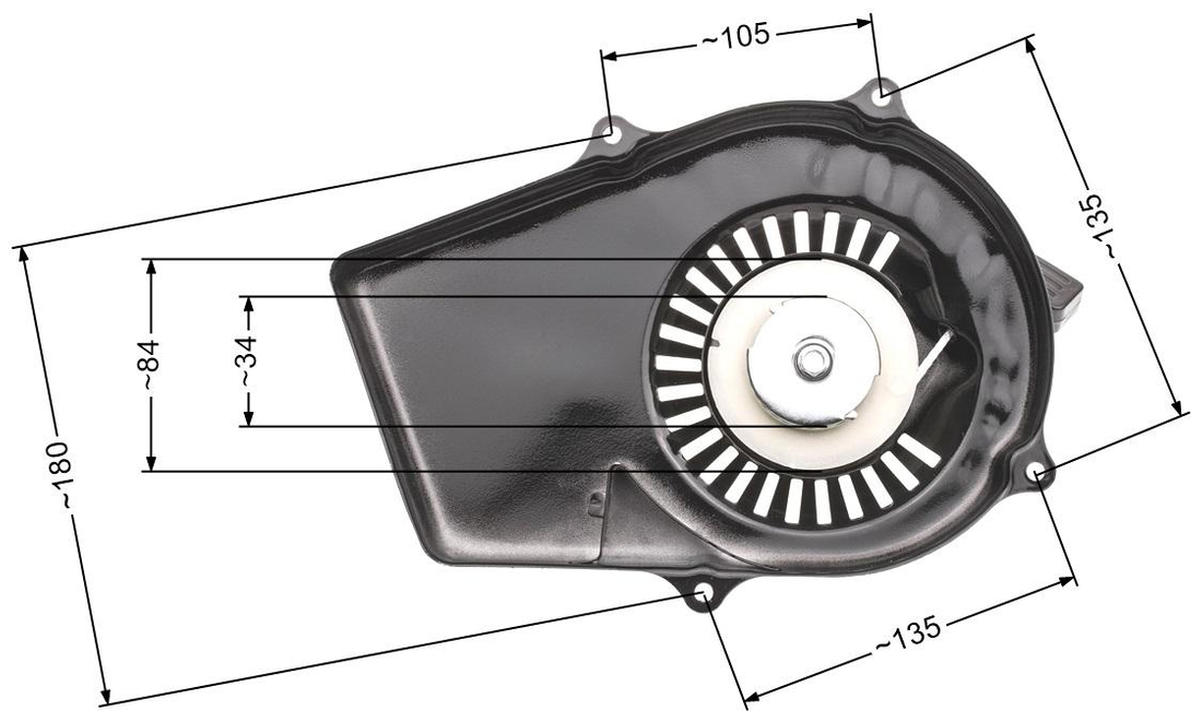 Rozrusznik ręczny NZ568 do 2‑suwowych agregatów – widok z wymiarami orientacyjnymi obudowy