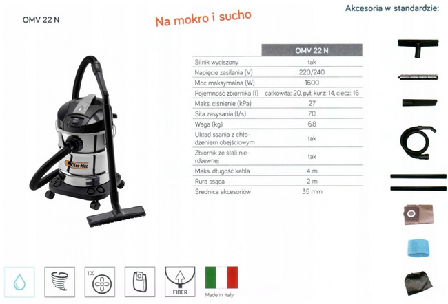 OLEO MAC OMV 22 N WET AND DRY UNIVERSAL INDUSTRIAL CLEANER 1600W PREMIUM CLASS 9355001100 EWIMAX-OFICIAL DISTRIBUTOR - AUTHORIZED DEALER OLEO-MAC