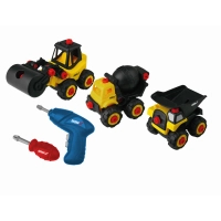 DEDRA M315.010 zestaw 3 pojazdy budowlane DIY walec betoniarka wywrotka z wkrętakiem