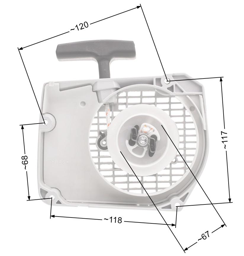 Rozrusznik Stihl MS360/MS340/036/034 NZ537 – widok z przodu, wymiary montażowe