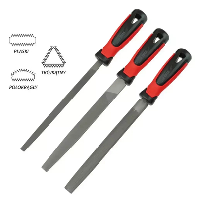 DEDRA 06C006 Ruční pilníky na kov 200 mm, sada 3 ks: plochý, půlkruhový, kruhový