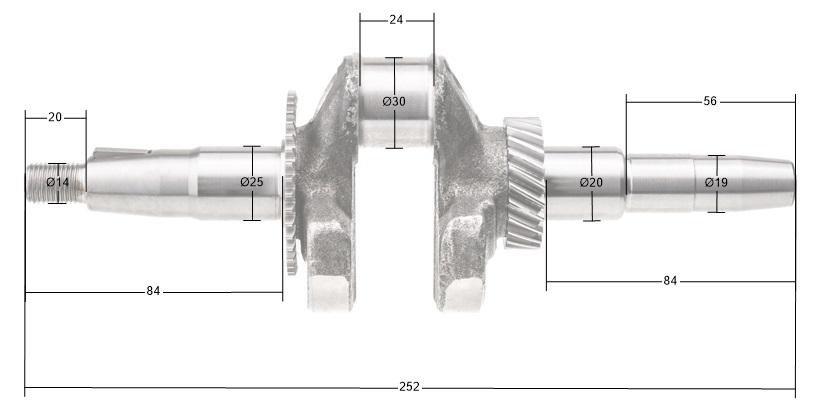 Wał korbowy Rato R300 — schemat z przybliżonymi wymiarami