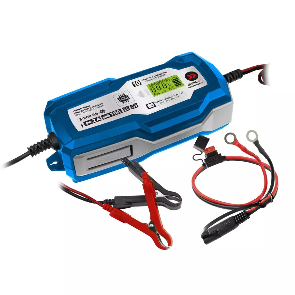 DEDRA DEPM022LFP Prostownik mikroprocesorowy 6/12V 10A LCD ładowarka LFP AGM żelowy