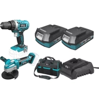 18V CORDLESS SET, DEDRA SAS+ALL DED7013 DRILL/DRIVER, 125MM ANGLE GRINDER, 2X 2.0AH BATTERIES, CHARGER, 16" BAG