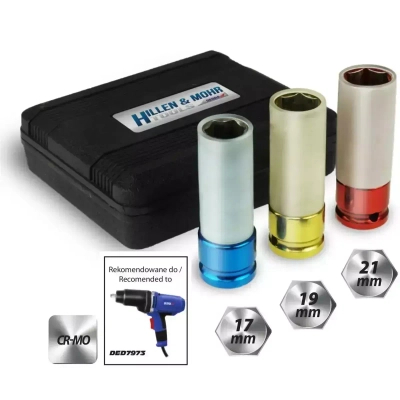 Hillen&Mohr 17M003 Nasadki udarowe do felg alu 1/2 17/19/21 mm zestaw klucze nasadowe