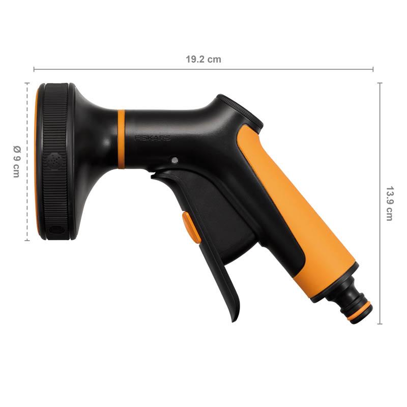Pistolet zraszający multi Comfort Front 1065482 Fiskars - wymiary i ergonomiczna budowa