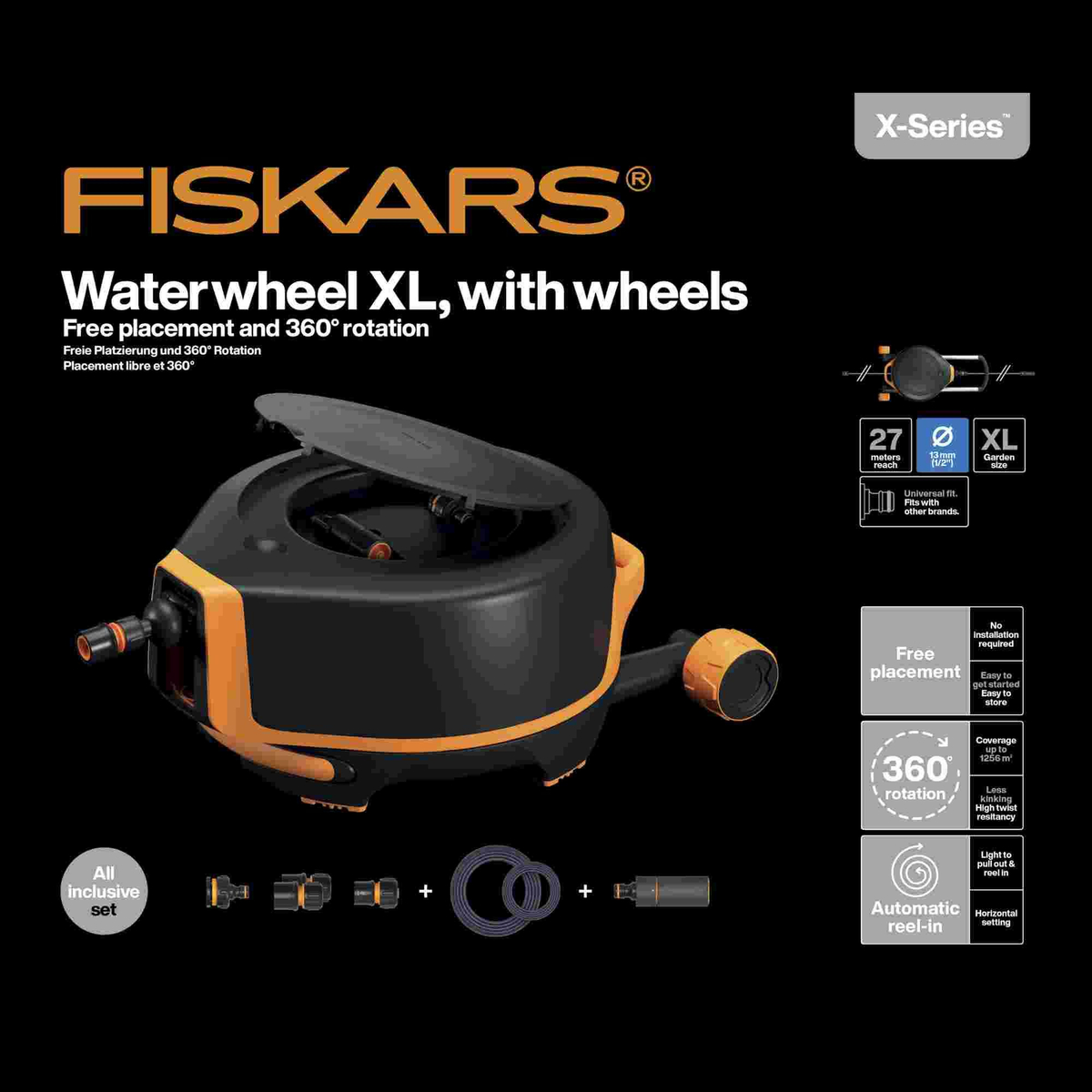 Zestaw automatyczny bęben z wężem FISKARS XL z kółkami 1067548 opakowanie i akcesoria