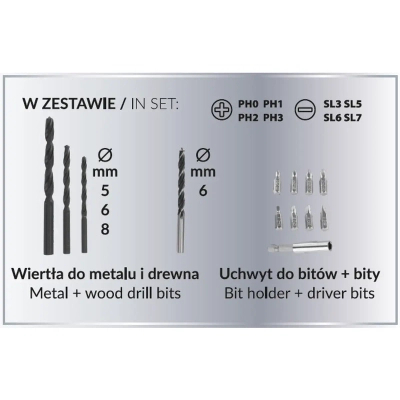 TOOL SET IN A CASE DEDRA SAS+ALL DED7030A03, SCREWDRIVER, SCREWDRIVER, TWO RECHARGEABLE BATTERIES (2AH AND 4AH), CHARGER, ACCESSORIES 13 PCS.