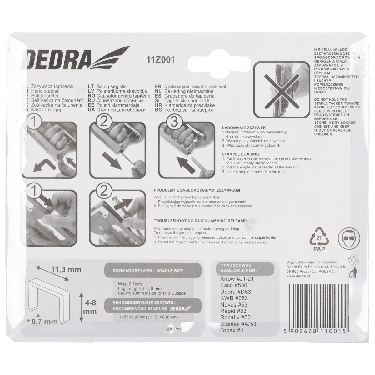 Instructions and specifications on the packaging of the DEDRA 11Z001 upholstery stapler