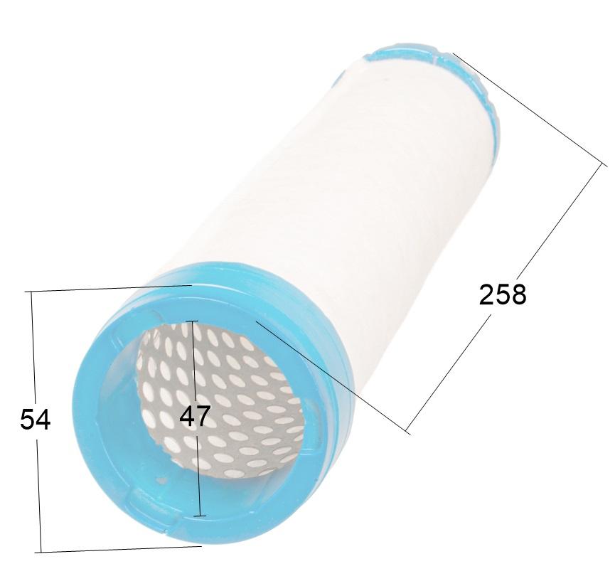 Filtr powietrza Loncin LC2V90(T230) – wymiary i przekrój, średnica zewnętrzna 54 mm, wewnętrzna 47 mm, długość 258 mm