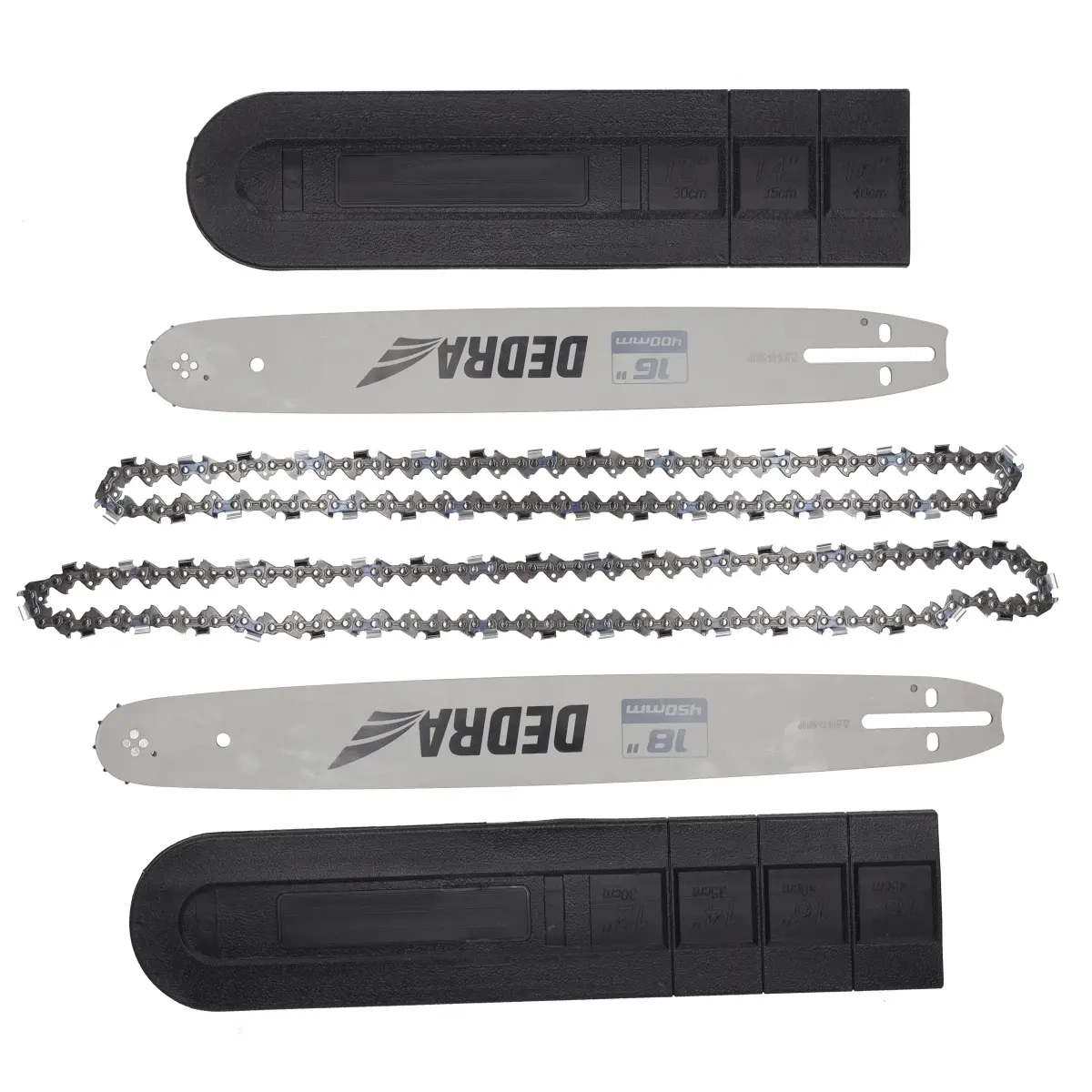 Set of guide bars and chains for a gas-powered chainsaw