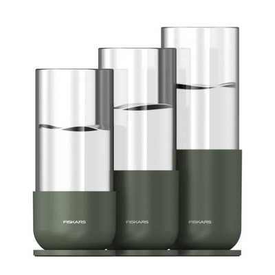 Fiskars Plant Care 1080910 zestaw do propagacji roślin 3 szklane pojemniki z metalową podstawą