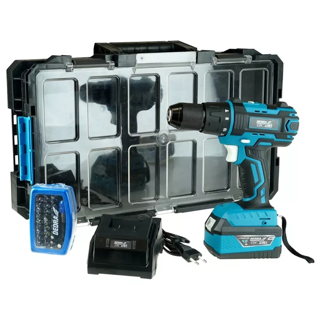 SADA NÁŘADÍ DEDRA SAS+ALL, VRTAČKA/ŠROUBOVÁK DED7042, BATERIE 4AH DED7034, NABÍJEČKA DED7038, SADA BITŮ 18A11S032, BOX NA HOUBY N0303G