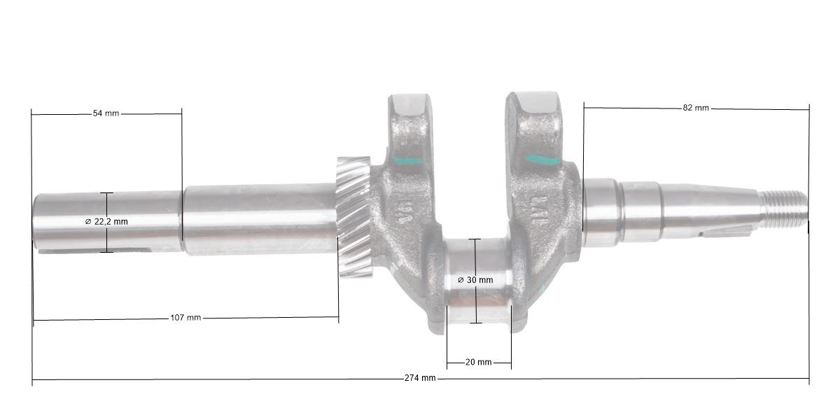 Wał korbowy Zongshen XP200A 6,5HP 22,2mm 50mm – widok z wymiarami
