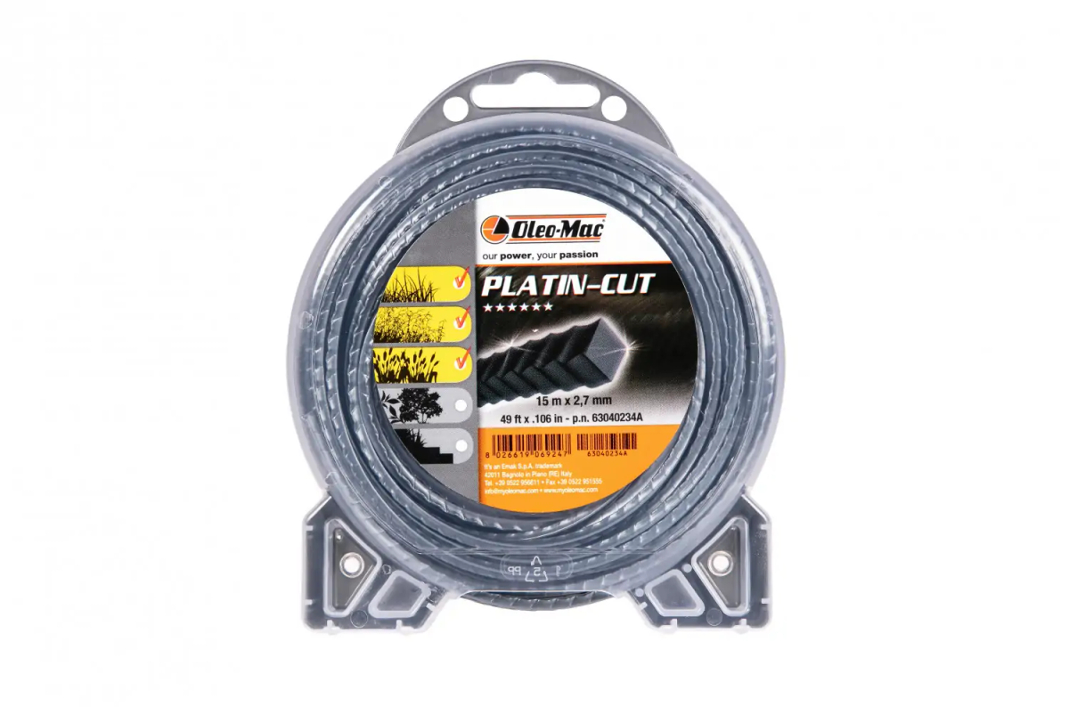 ŻYŁKA TNĄCA OLEO-MAC 2,7/15M 2-WARSTWOWA PLATIN-CUT PROFIL KWADRATOWY ZĄBKOWANY, BLISTER 63040234A