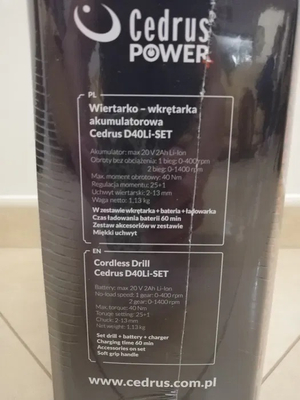 CEDRUS CEDD40LI-SET 20V akumulátorová vrtačka/šroubovák 2Ah s baterií a nabíječkou v kufříku EWIMAX- OFICIÁLNÍ DISTRIBUTOR - AUTORIZOVANÝ PRODEJCE CEDRUS