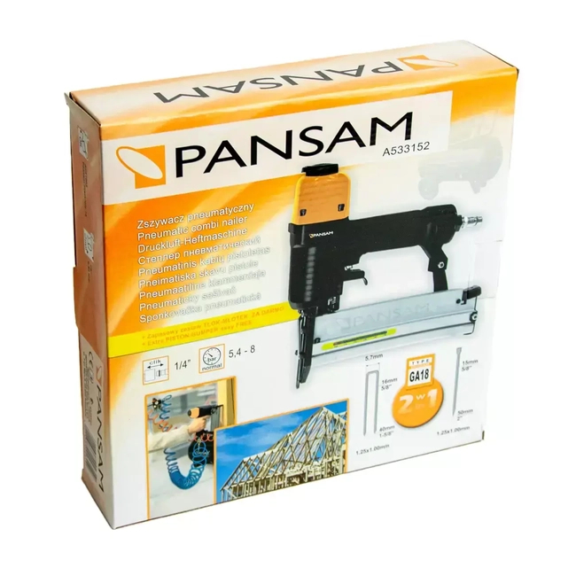 STAPLER PNEUMATIC NAILER 2IN1 PANSAM A533152 STAPLES AND NAILS TYPE 90, GA18, 300F