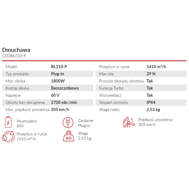 Cedrus BL210-P Dmuchawa akumulatorowa Cedrus 60V BL210-P, bez aku i ładowarki CEDBL210-P