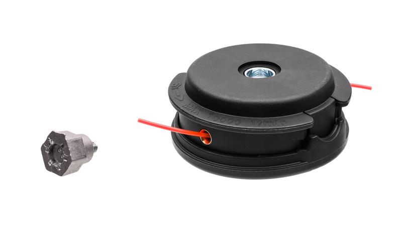 Głowica żyłkowa Alpina Tap-N-Go widok od spodu i adapter