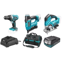 18V CORDLESS TOOL SET, DEDRA SAS+ALL DED7015 DRILL/DRIVER, 2-IN-1 STAPLER, JIGSAW, 2.0AH BATTERY, CHARGER, 16" BAG